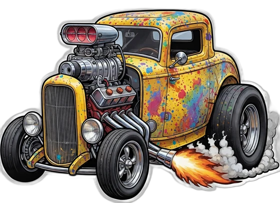 Yellow Splatter Coupe t-shirt design — yellow paint-splattered hot rod coupe with blower
