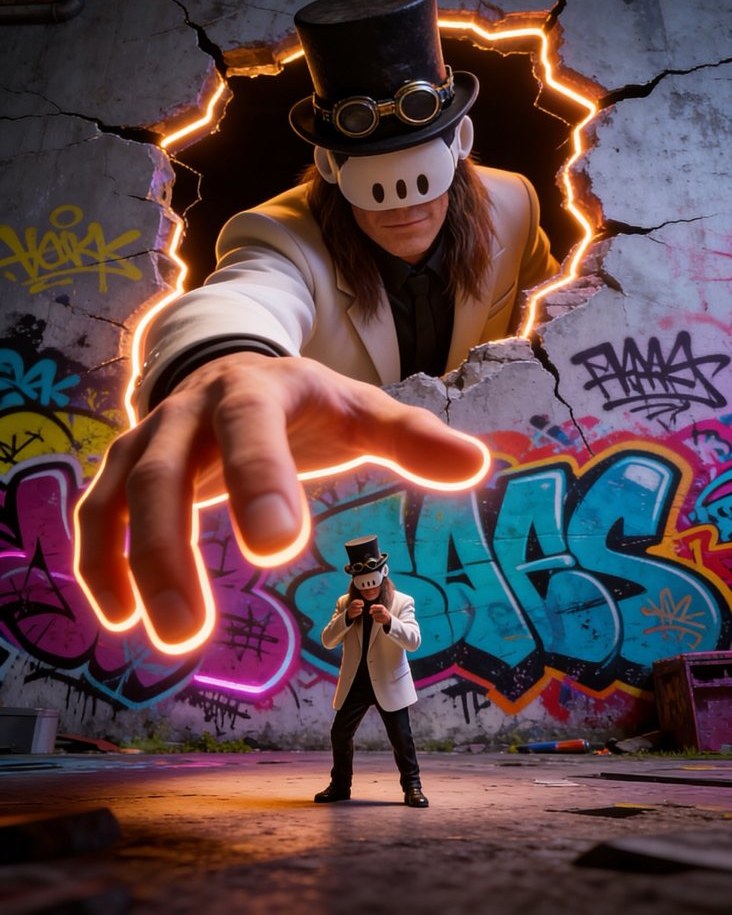 The Boss breaking through the wall to reach you — cream suit, top hat and steampunk goggles
